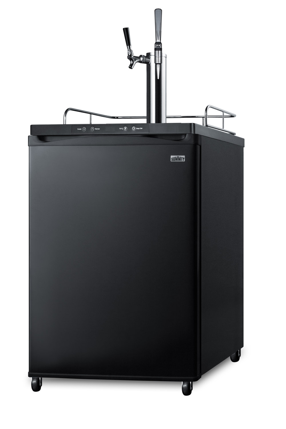 Dual tap coffee dispenser in black, with a combination nitro/flat coffee tap kit in stainless steel